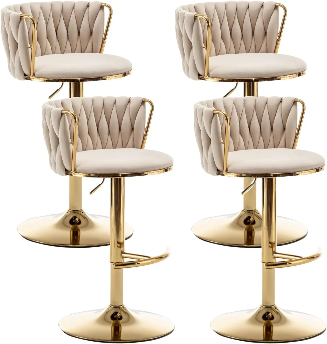 Gold Velvet Bar Stools Set of 4, Swivel Counter Height Bar Stools with Back, Adjustable Woven Barstools for Kitchen Island, Pub