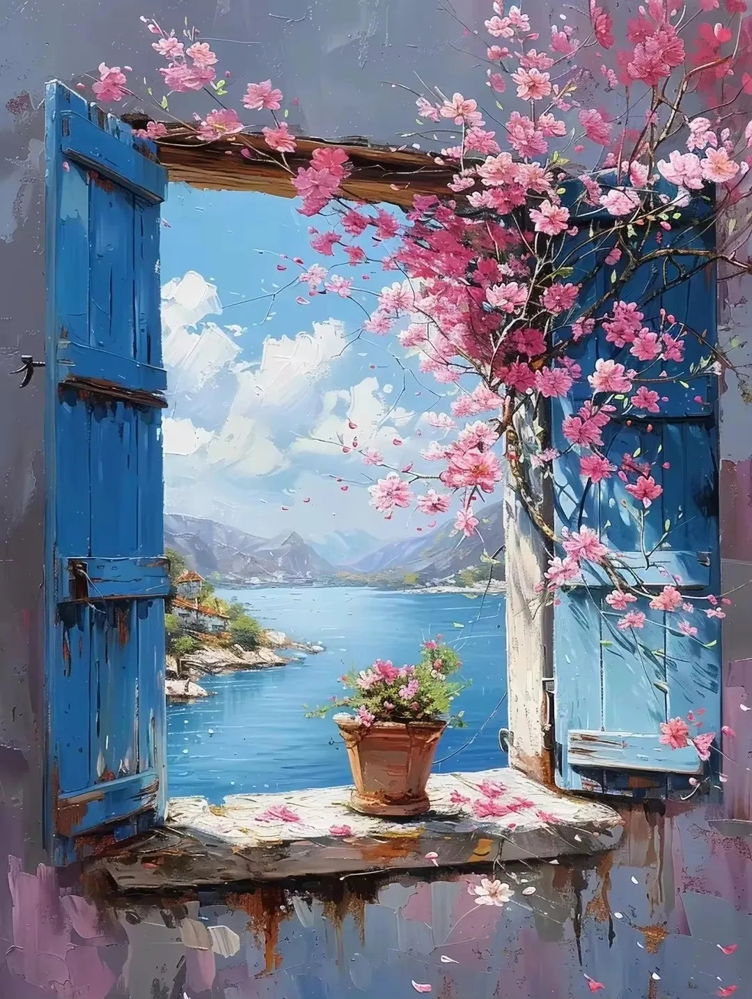 Abstract Colorful Graffiti Town Window Landscape Canvas Painting Modern Art Sea View Aesthetic Posters Prints Living Room Decor
