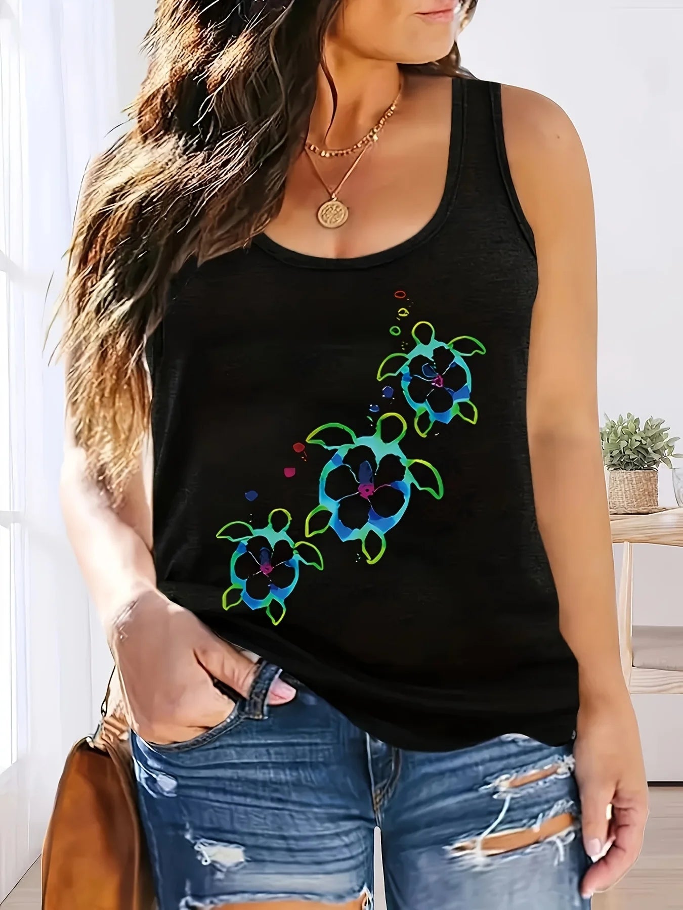 printed Summer women's loose and personalized dream catcher mesh printed vest top T-shirt comfortable sleeveless