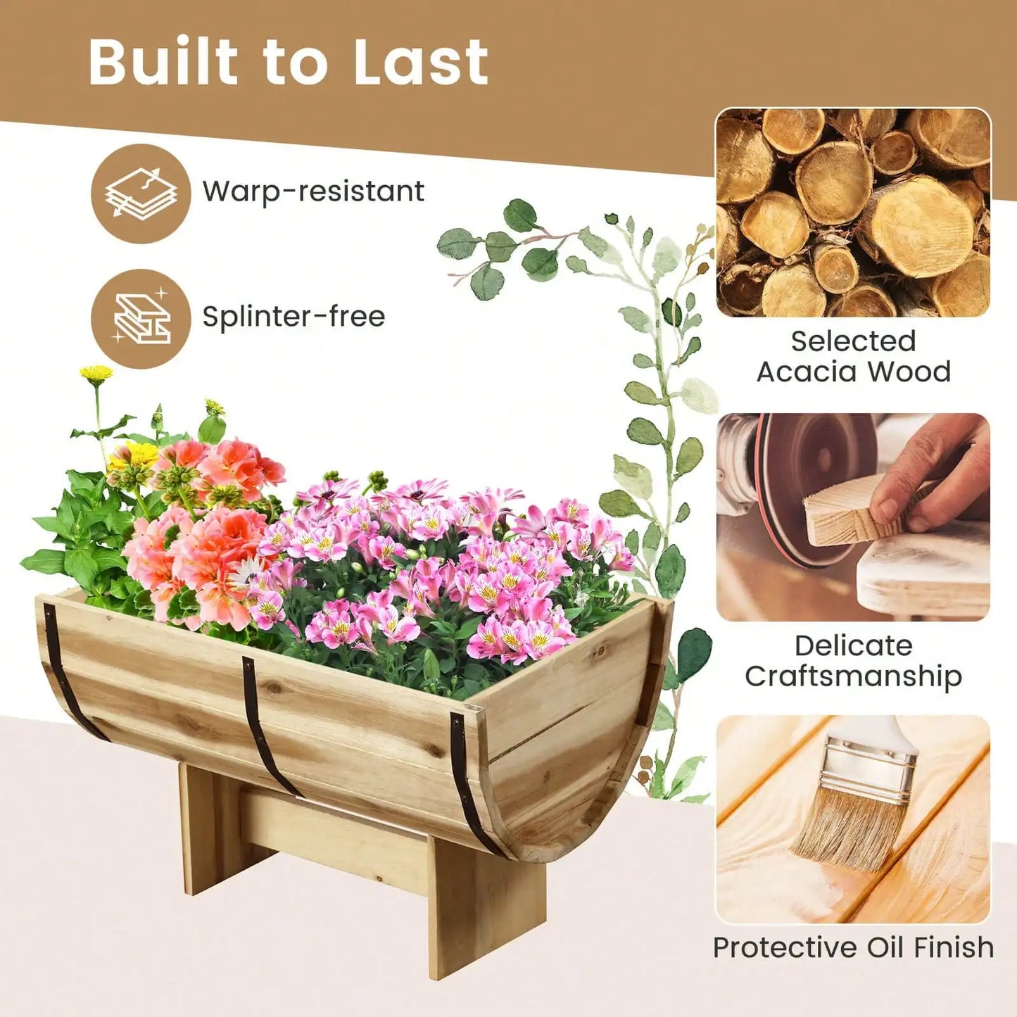 Outdoor Wooden Planter Solid Acacia Wood Half-Barrel Planter Box With Legs