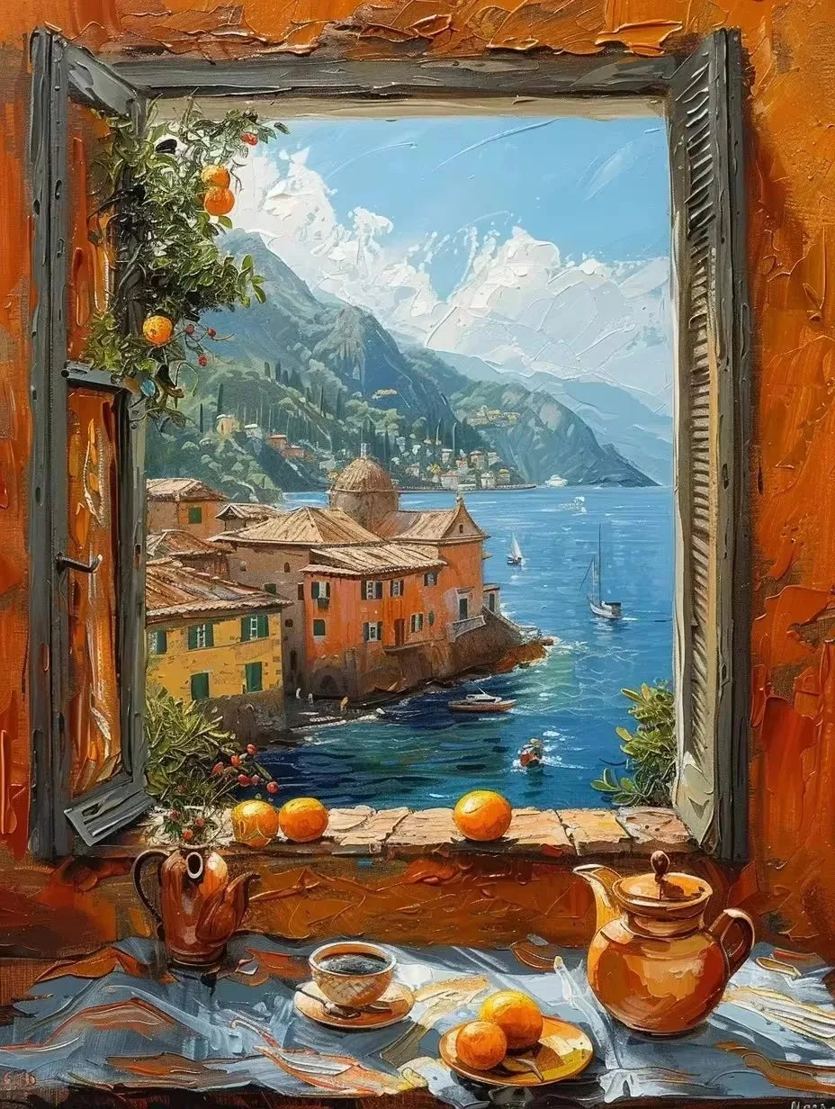 Abstract Colorful Graffiti Town Window Landscape Canvas Painting Modern Art Sea View Aesthetic Posters Prints Living Room Decor