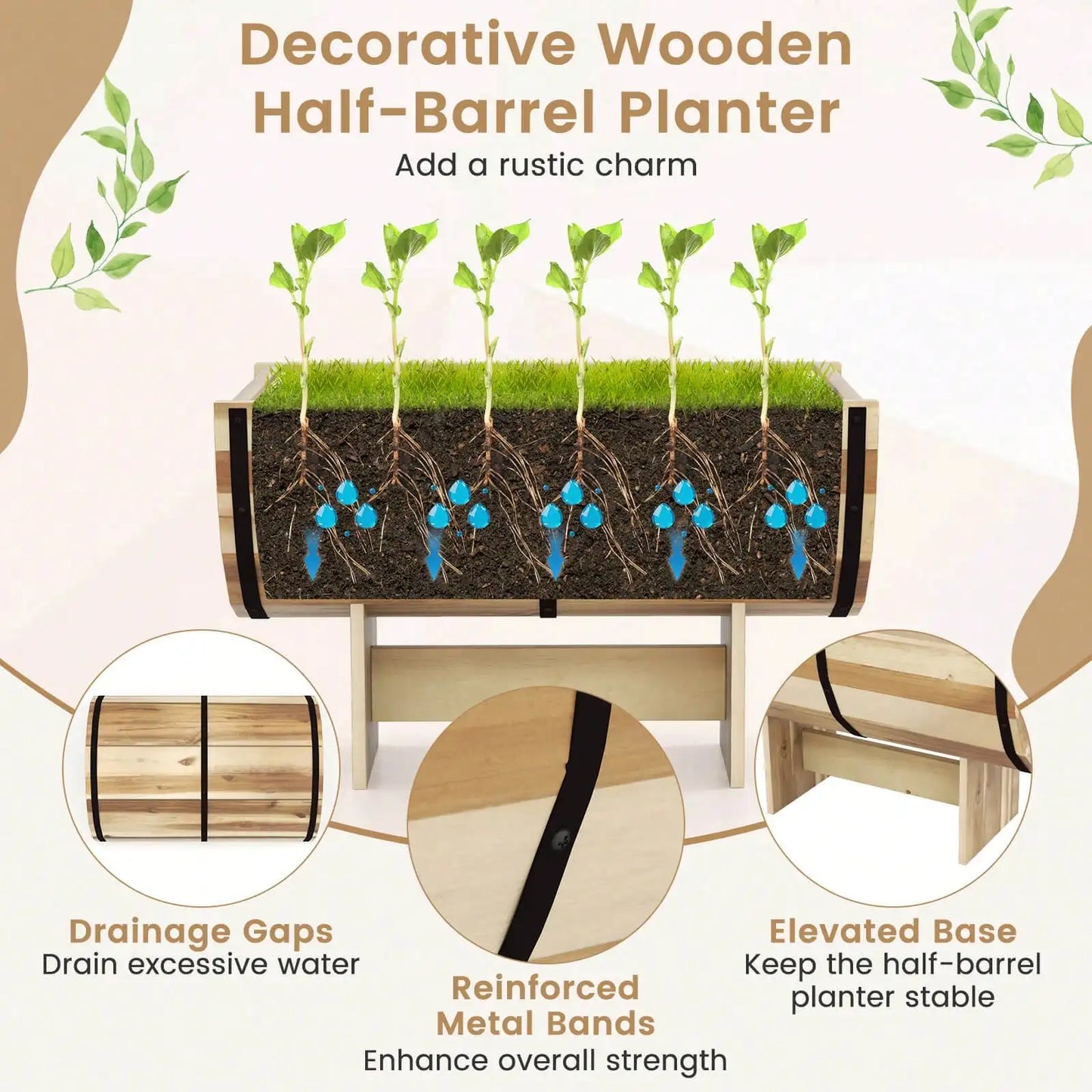 Outdoor Wooden Planter Solid Acacia Wood Half-Barrel Planter Box With Legs