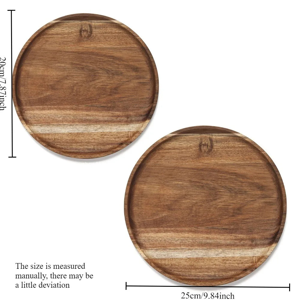 20/25cm Acacia Wood Round Wooden Dinner Tray Easy To Clean, Pizza Salad Tray Fruit Dessert Tray, Snack Tray, Stackable, Reusable