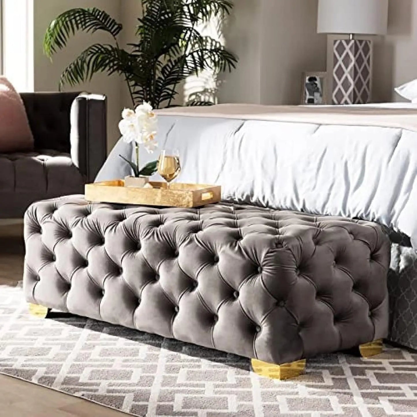 Rectangular End of Bed Bench Velvet Fabic,Button Tufted Upholstered Entryway Bench,Luxurious Bedside, Customized