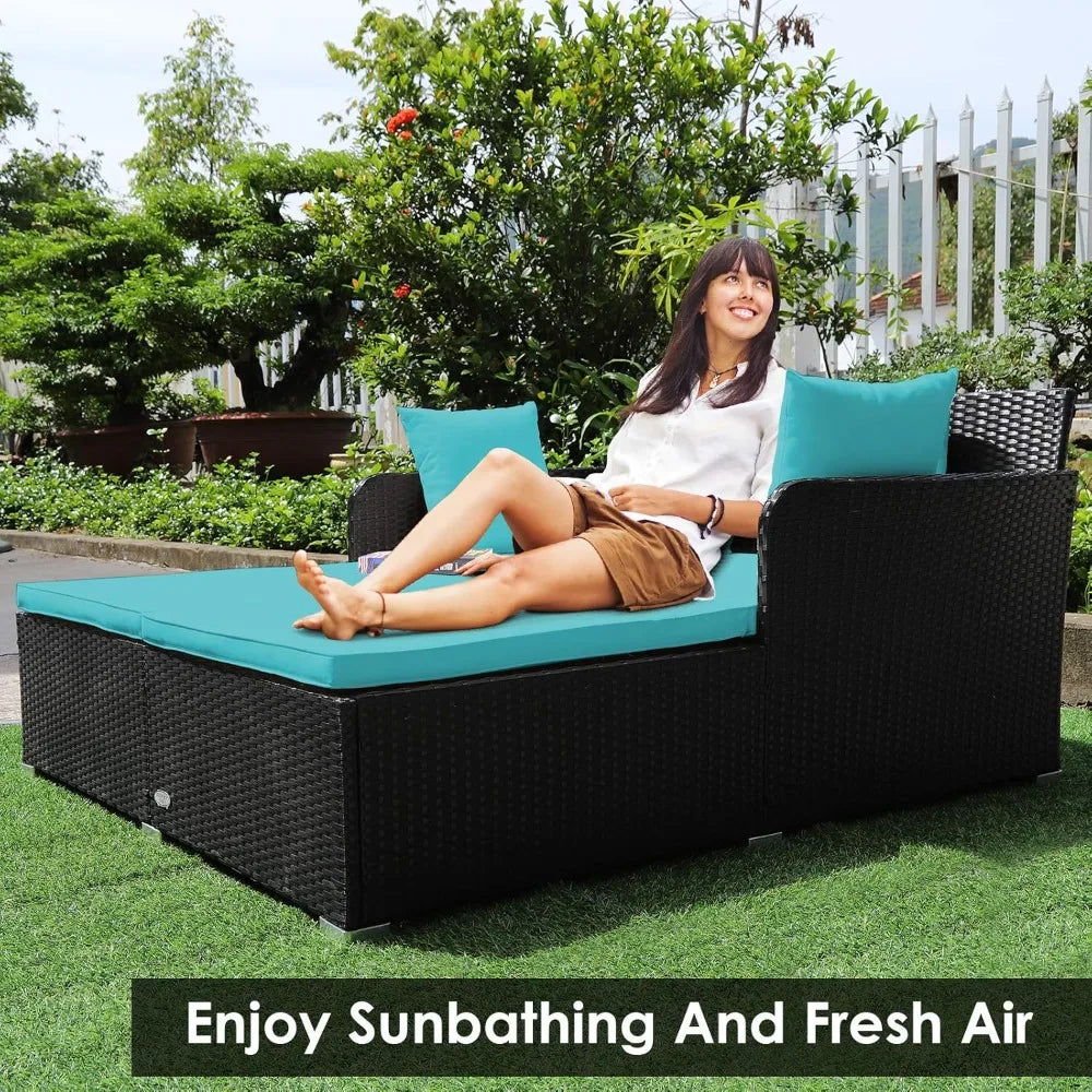 Outdoor Rattan Daybed, Sunbed Wicker Furniture w/Spacious Seat, Upholstered Cushion & High-Resilience Sponge, Wicker Patio Sofa