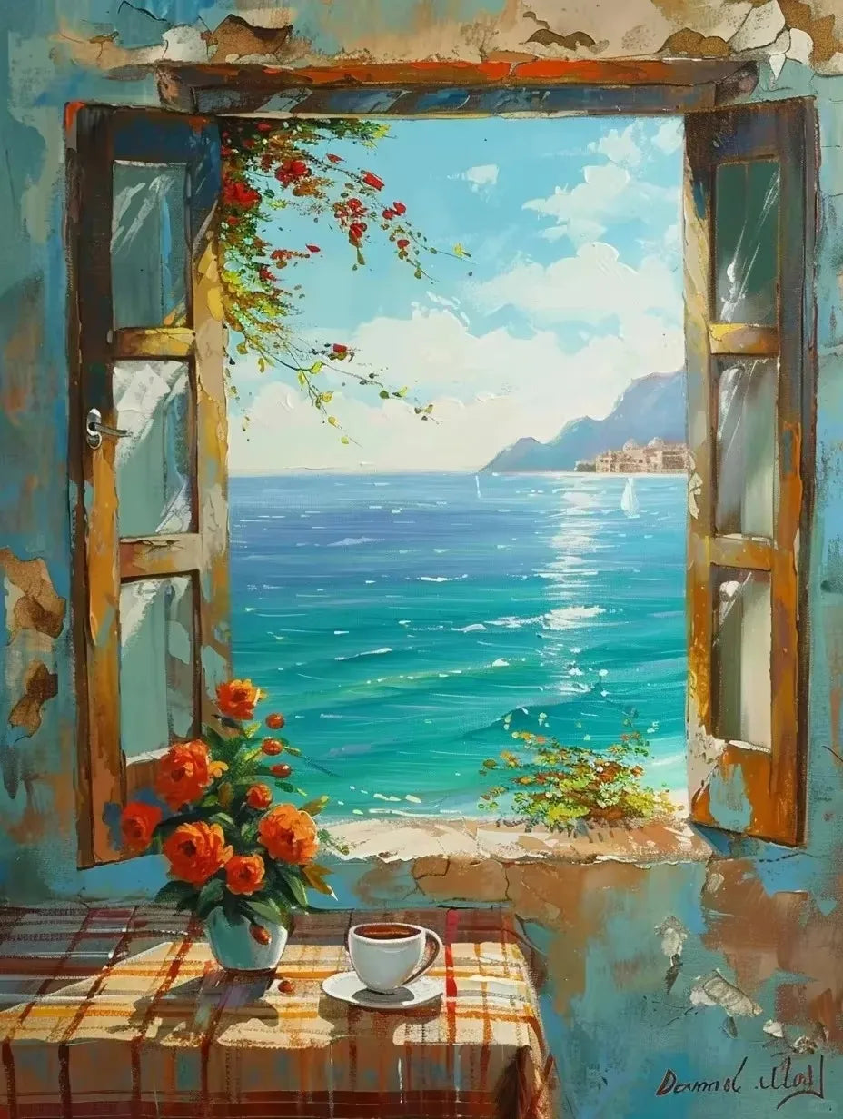 Abstract Colorful Graffiti Town Window Landscape Canvas Painting Modern Art Sea View Aesthetic Posters Prints Living Room Decor