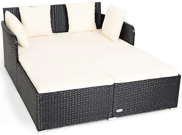 Outdoor Rattan Daybed, Sunbed Wicker Furniture w/Spacious Seat, Upholstered Cushion & High-Resilience Sponge, Wicker Patio Sofa