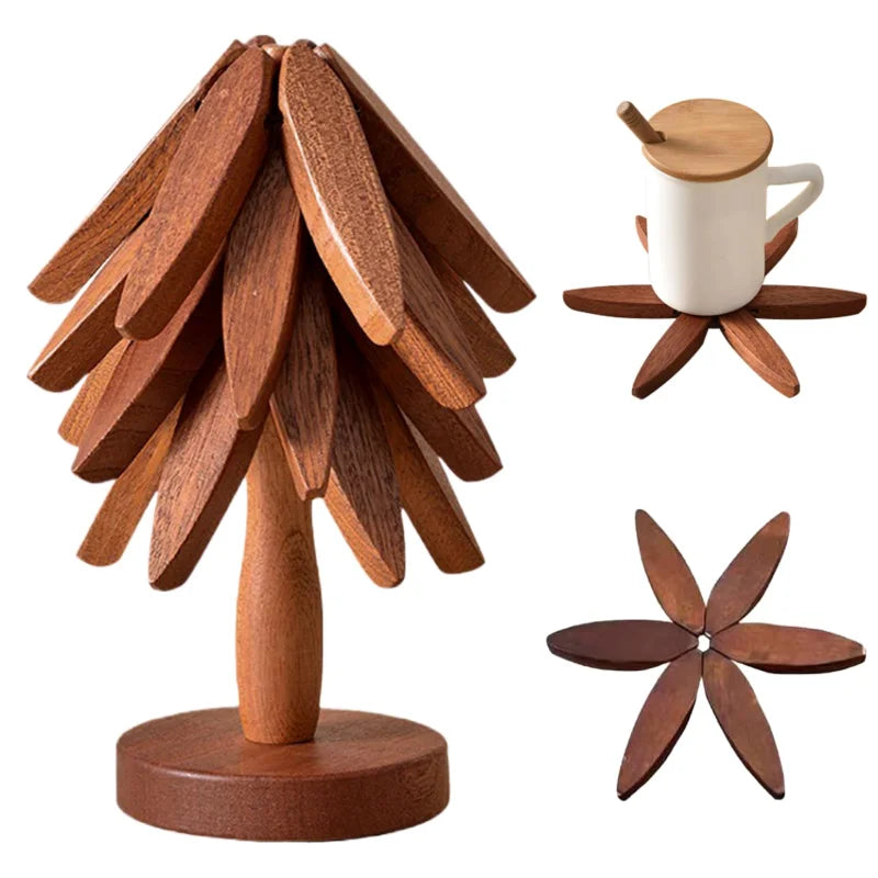 Natural Foldable Black Walnut Wooden Trivet Set -Trivets +Stand for Hot Dishes, Pot, Bowl, Teapot, Hot Pot Holders(Black Walnut)