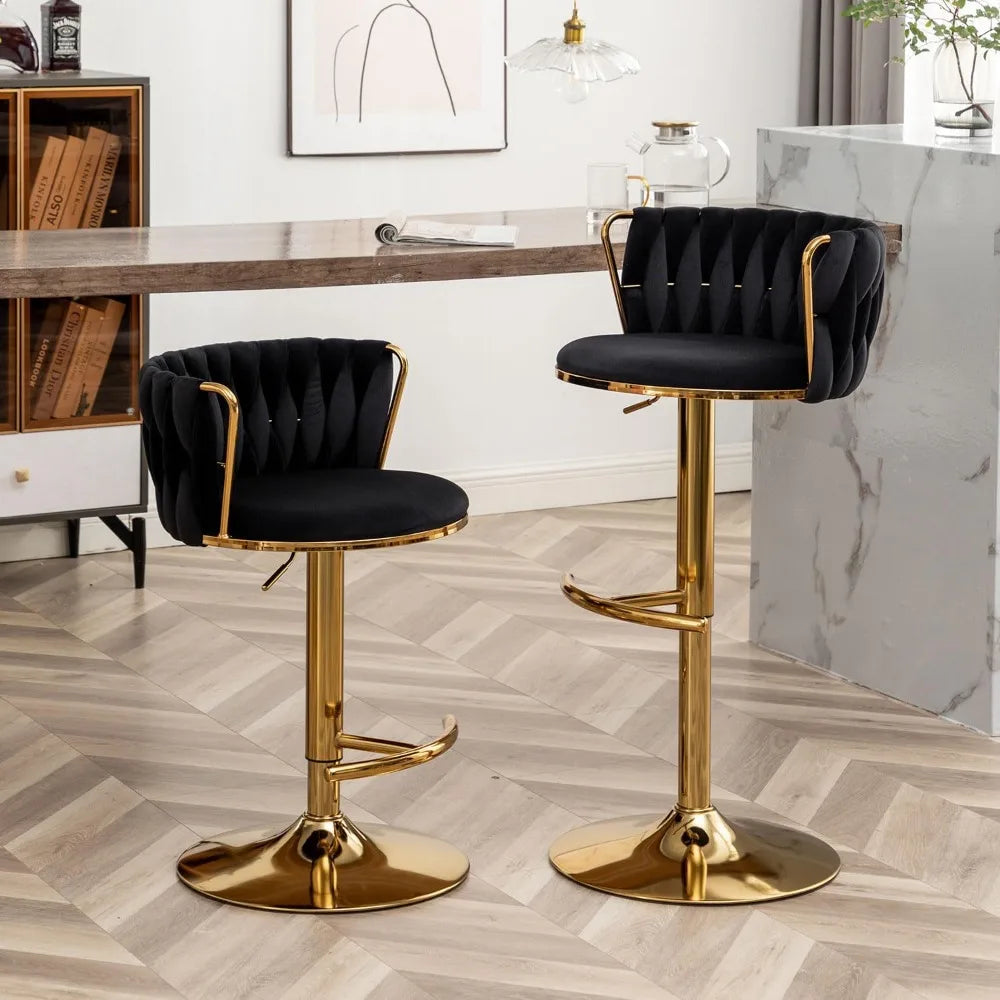Gold Velvet Bar Stools Set of 4, Swivel Counter Height Bar Stools with Back, Adjustable Woven Barstools for Kitchen Island, Pub