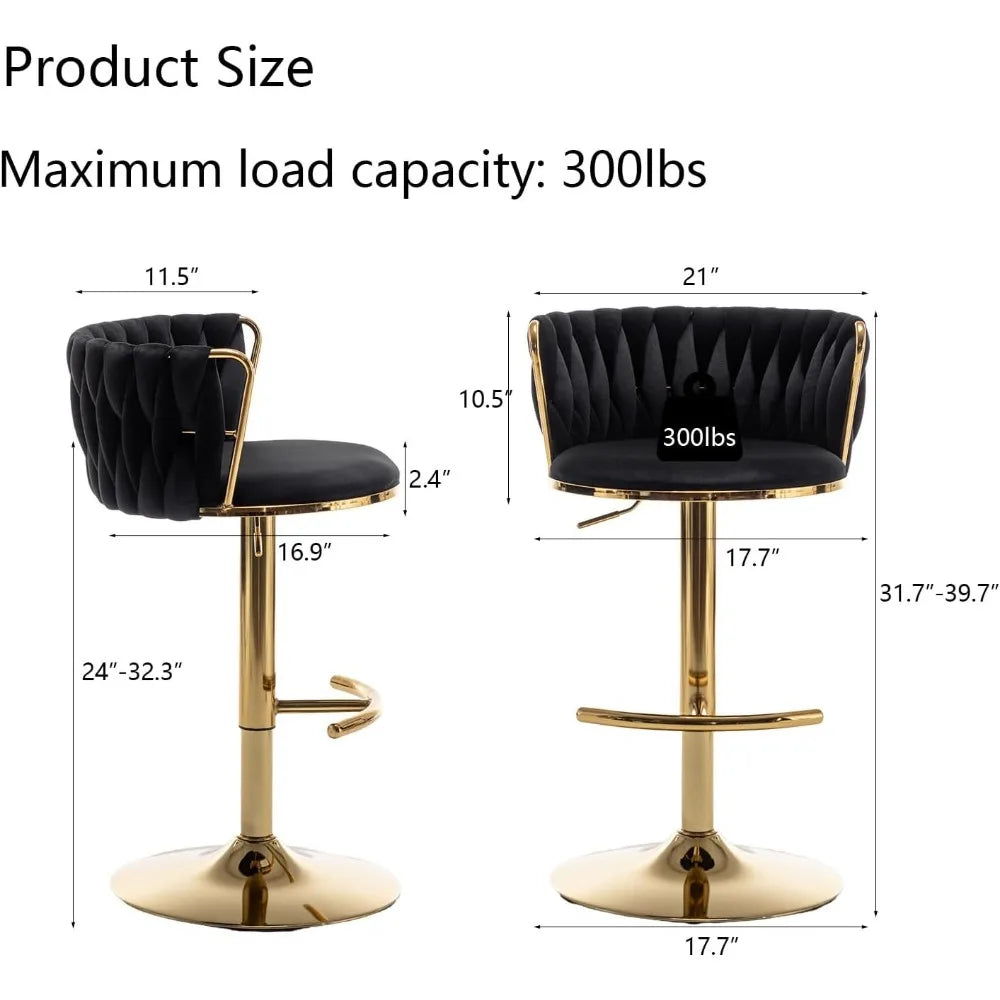 Gold Velvet Bar Stools Set of 4, Swivel Counter Height Bar Stools with Back, Adjustable Woven Barstools for Kitchen Island, Pub