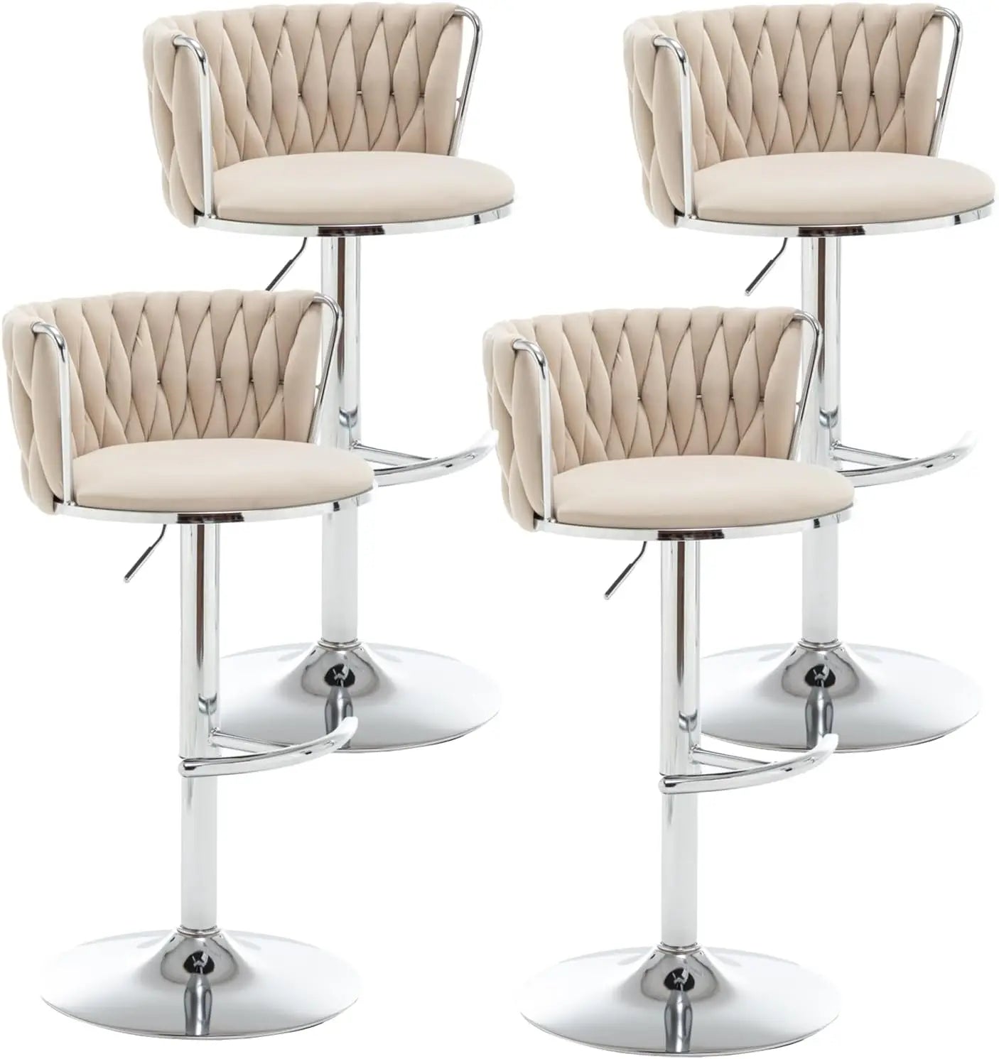 Gold Velvet Bar Stools Set of 4, Swivel Counter Height Bar Stools with Back, Adjustable Woven Barstools for Kitchen Island, Pub