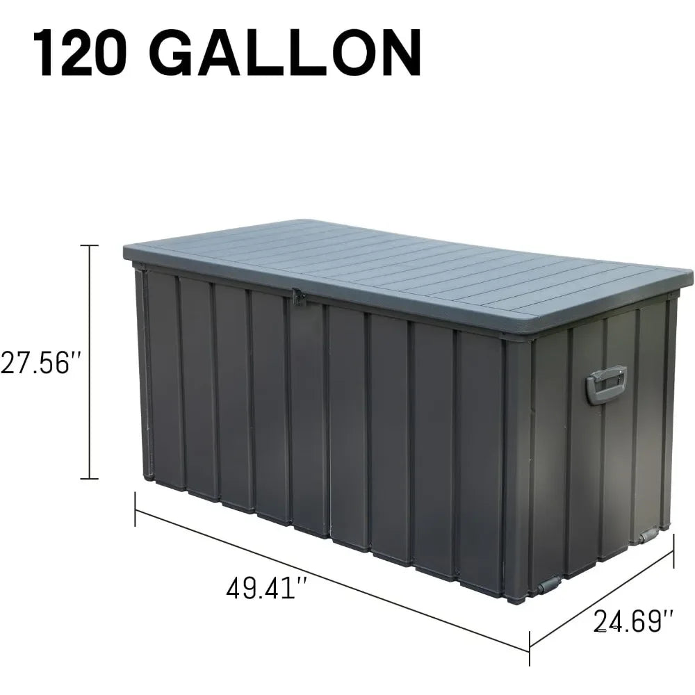 120 gallon deck box, terrace storage box with resin cover, steel tool waterproof outdoor storage container