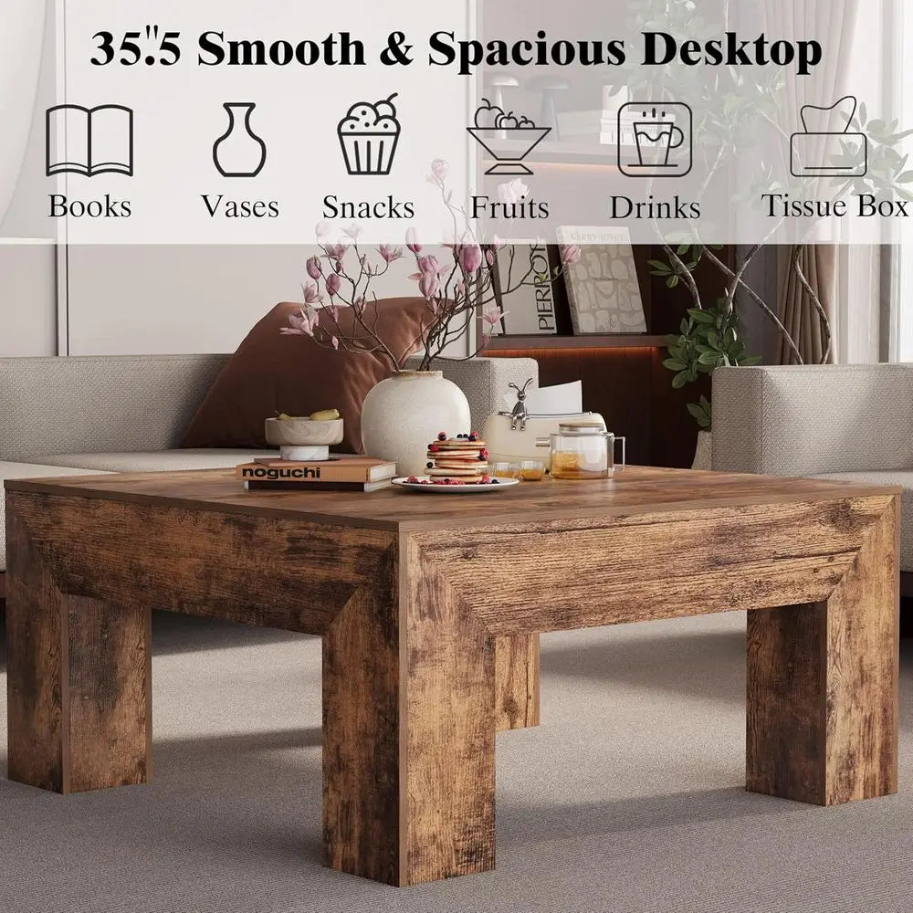 Wooden Square Coee Table,35.5 inch armhouse Low Cocktail with Thick Base or Living Room (Rustic Brown)