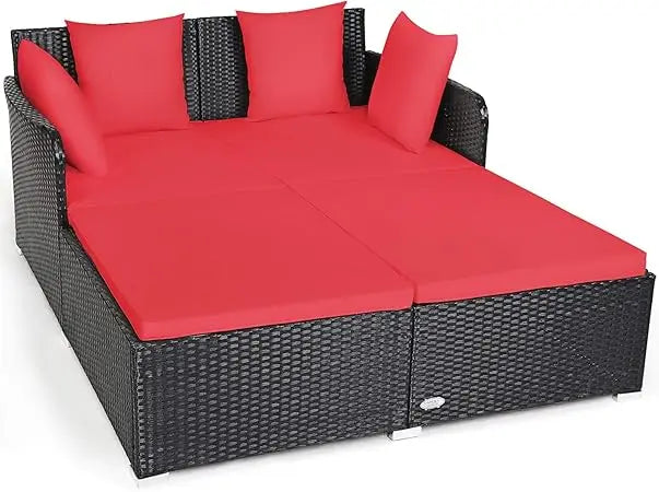 Outdoor Rattan Daybed, Sunbed Wicker Furniture w/Spacious Seat, Upholstered Cushion & High-Resilience Sponge, Wicker Patio Sofa