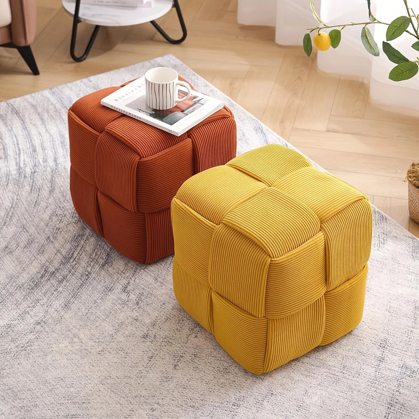 Small Stool for Home Tea Machine, Sofa Footrest, Shoe Bench, Soft and Comfortable Square Faux Fur Woven Design Ottoman, Footrest