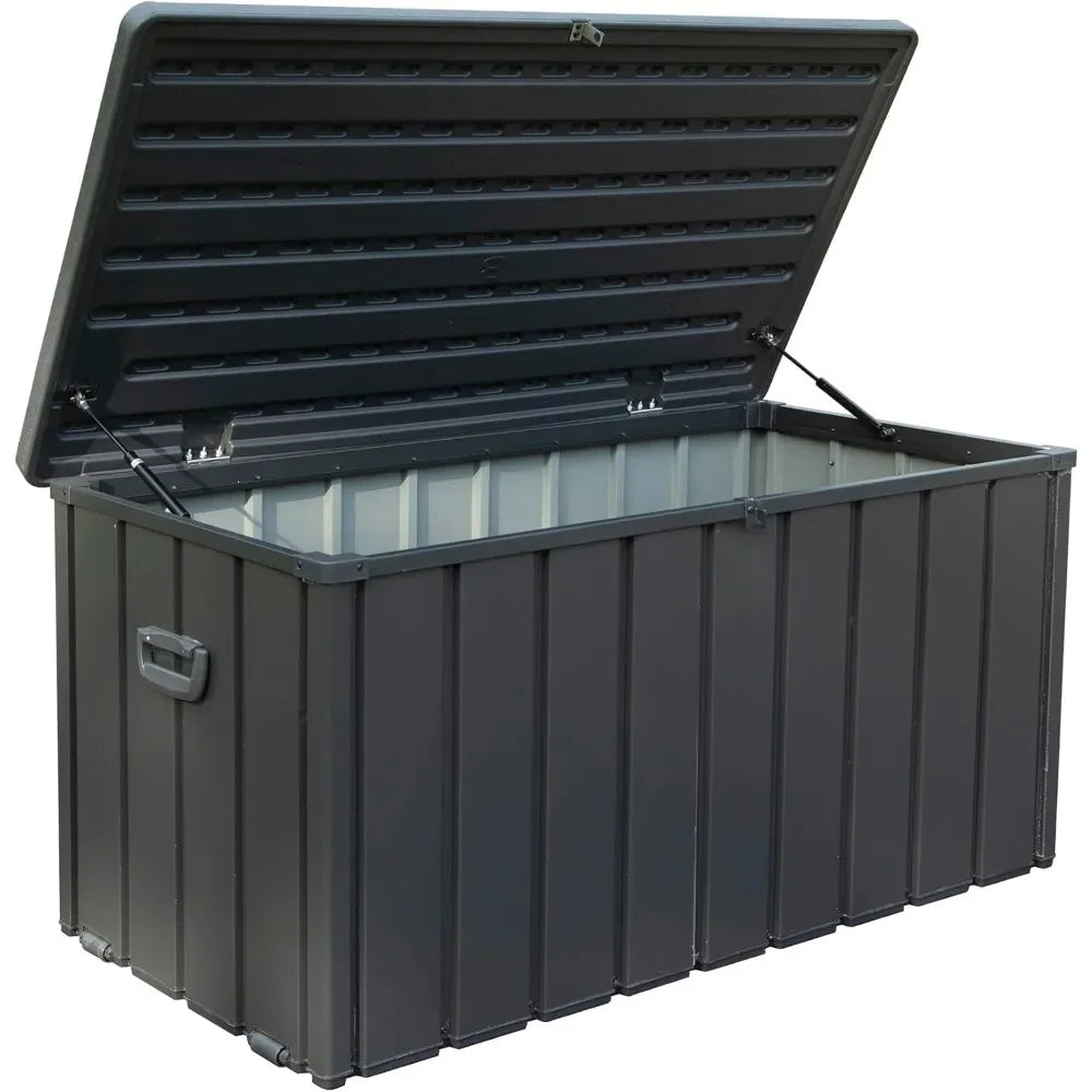 120 gallon deck box, terrace storage box with resin cover, steel tool waterproof outdoor storage container