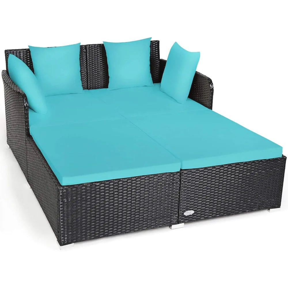 Outdoor Rattan Daybed, Sunbed Wicker Furniture w/Spacious Seat, Upholstered Cushion & High-Resilience Sponge, Wicker Patio Sofa