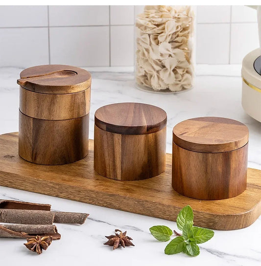 Acacia Wood Salt Shaker Seasoning Box Bamboo Pepper Box with Rotating Lid Kitchen Storage Spice Jar Spice Storage Box
