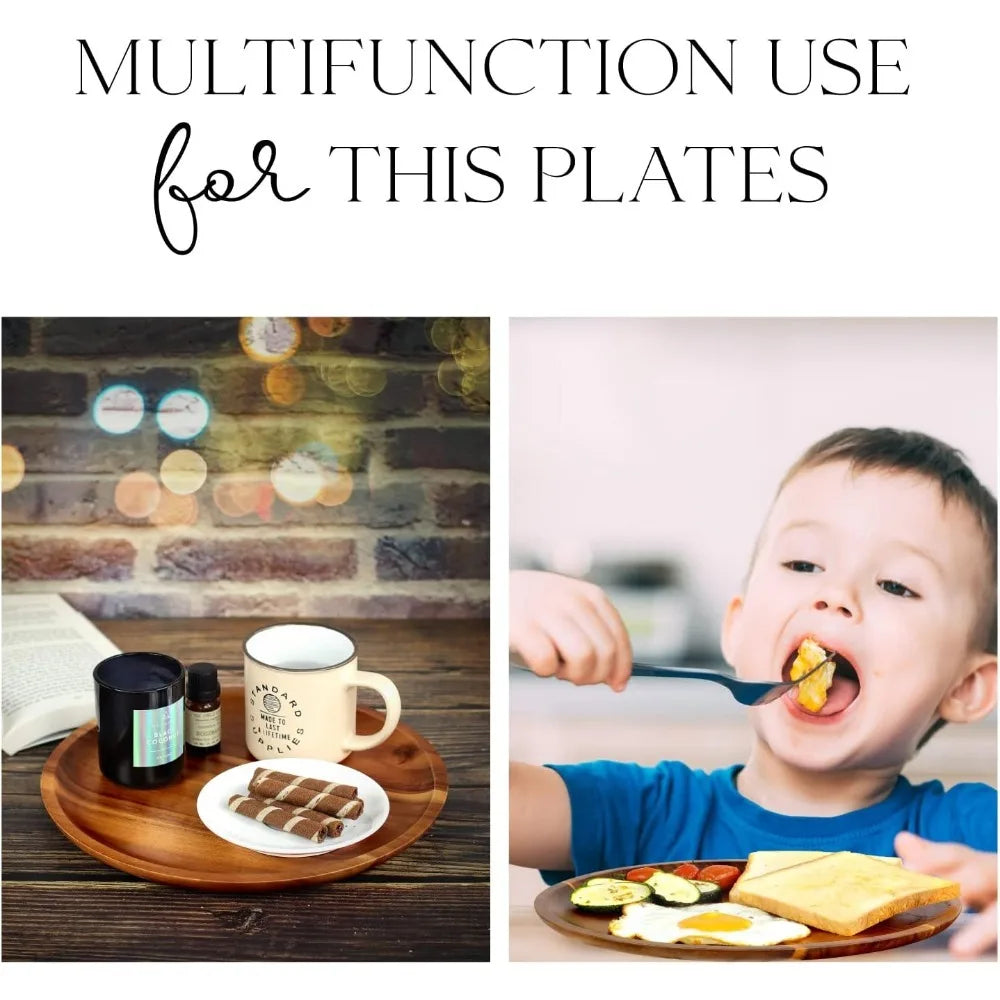 20/25cm Acacia Wood Round Wooden Dinner Tray Easy To Clean, Pizza Salad Tray Fruit Dessert Tray, Snack Tray, Stackable, Reusable