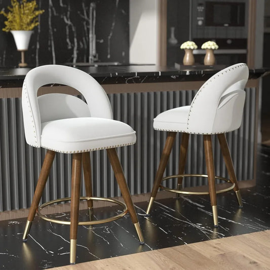 Counter Height Bar Stools Set of 2, 24 Inch Swivel Counter Stools with Backs, Solid Wood Legs for Kitchen Island, Velvet in Cre