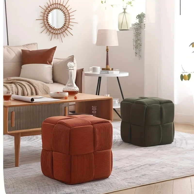 Small Stool for Home Tea Machine, Sofa Footrest, Shoe Bench, Soft and Comfortable Square Faux Fur Woven Design Ottoman, Footrest