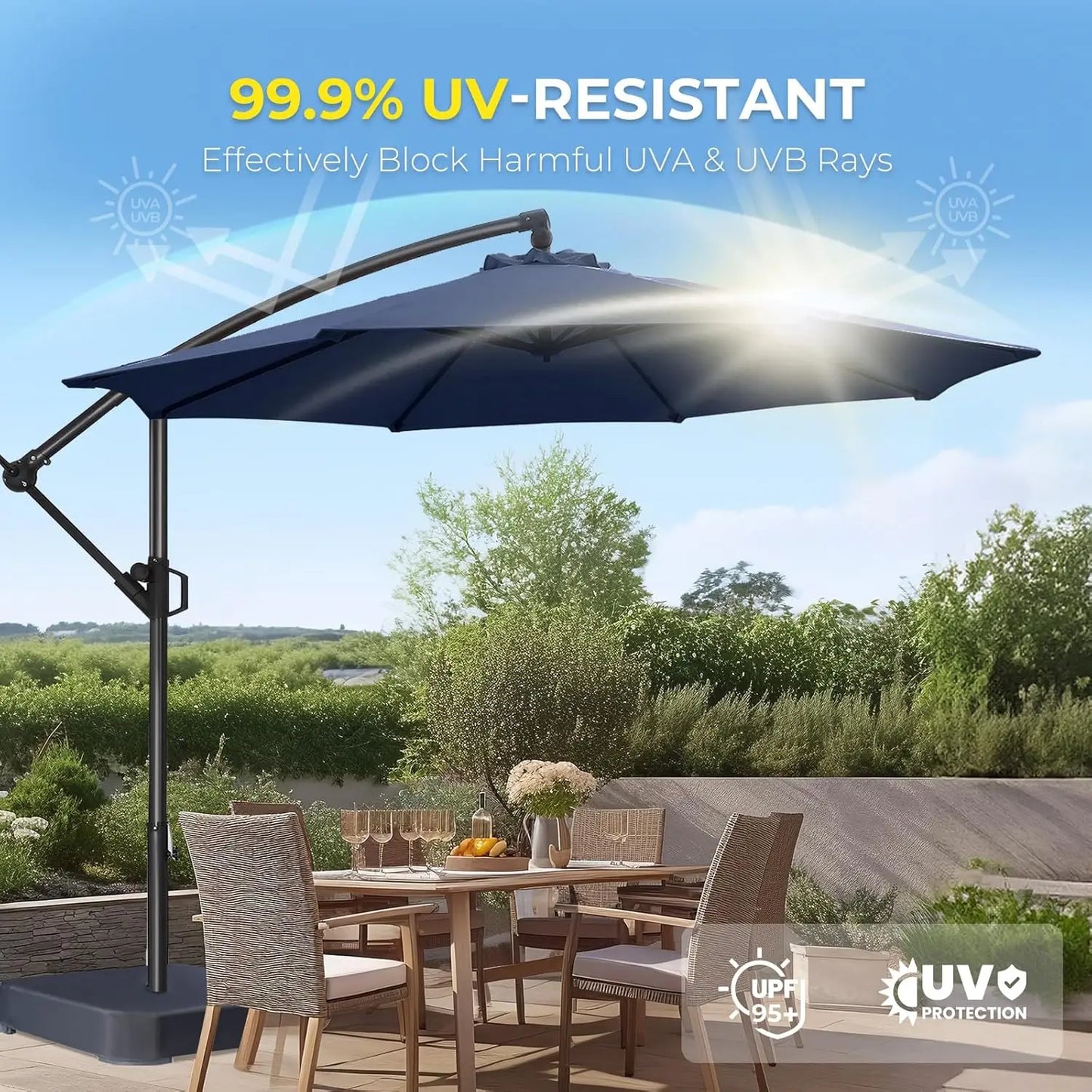 10ft Offset Patio Umbrella - w/Base, Cantilever Offset Hanging Patio Outdoor Market Umbrella UPF50+ UV Protection, Customized