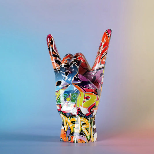 Graffiti Rock On Hand Statue Model Gesture Figurines 20cm Music Band Room Bookshelves Desktop Living Room Decor Modern Art Pop