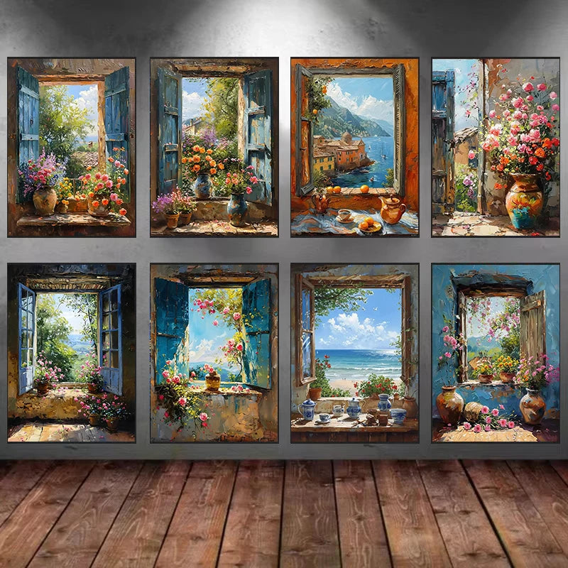 Abstract Colorful Graffiti Town Window Landscape Canvas Painting Modern Art Sea View Aesthetic Posters Prints Living Room Decor