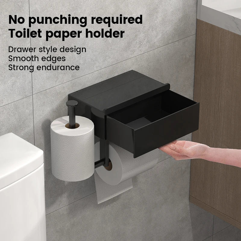 Black wall mounted toilet paper holder with shelf, no drilling required, drawer style tissue box, essential bathroom organizer