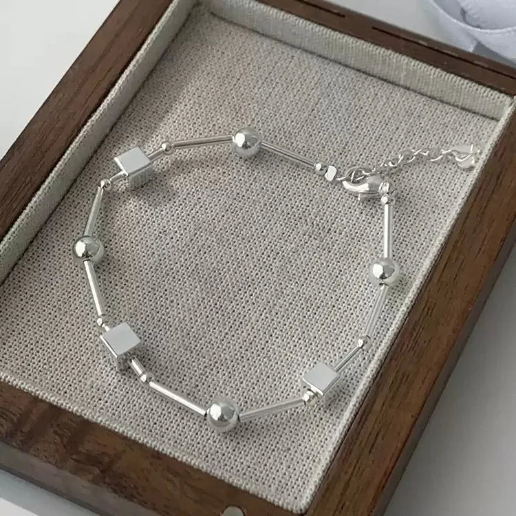 925 Sterling Silver Bracelet Geometric Cube Circle Punk Asymmetric Beaded For Woman Girl Fashion Jewelry Gift Dropship Wholesale