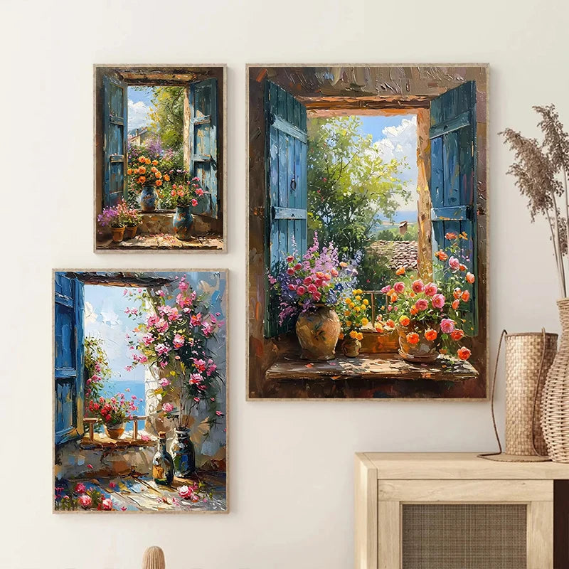 Abstract Colorful Graffiti Town Window Landscape Canvas Painting Modern Art Sea View Aesthetic Posters Prints Living Room Decor