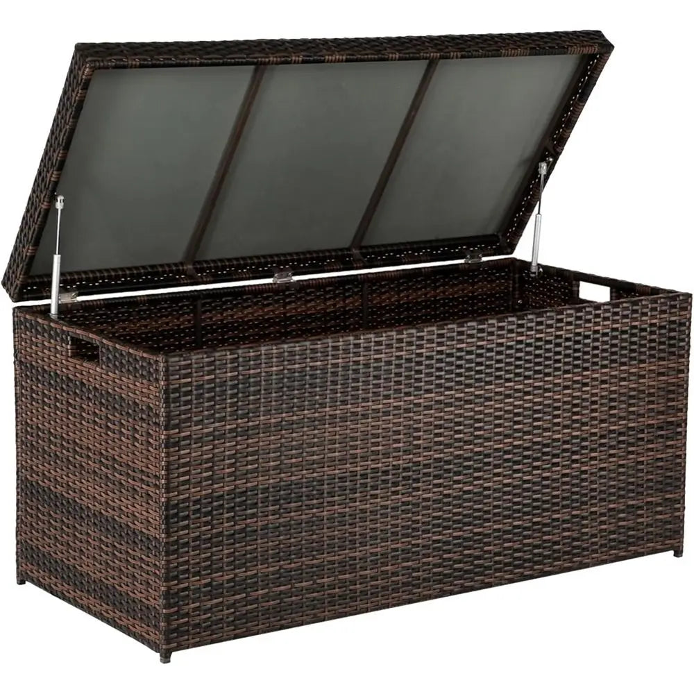 132 Gallon Wicker Storage Box - Patio Rattan Deck Bench for Outdoor, Indoor, Pool, Balcony, Yard, Garden - Brown