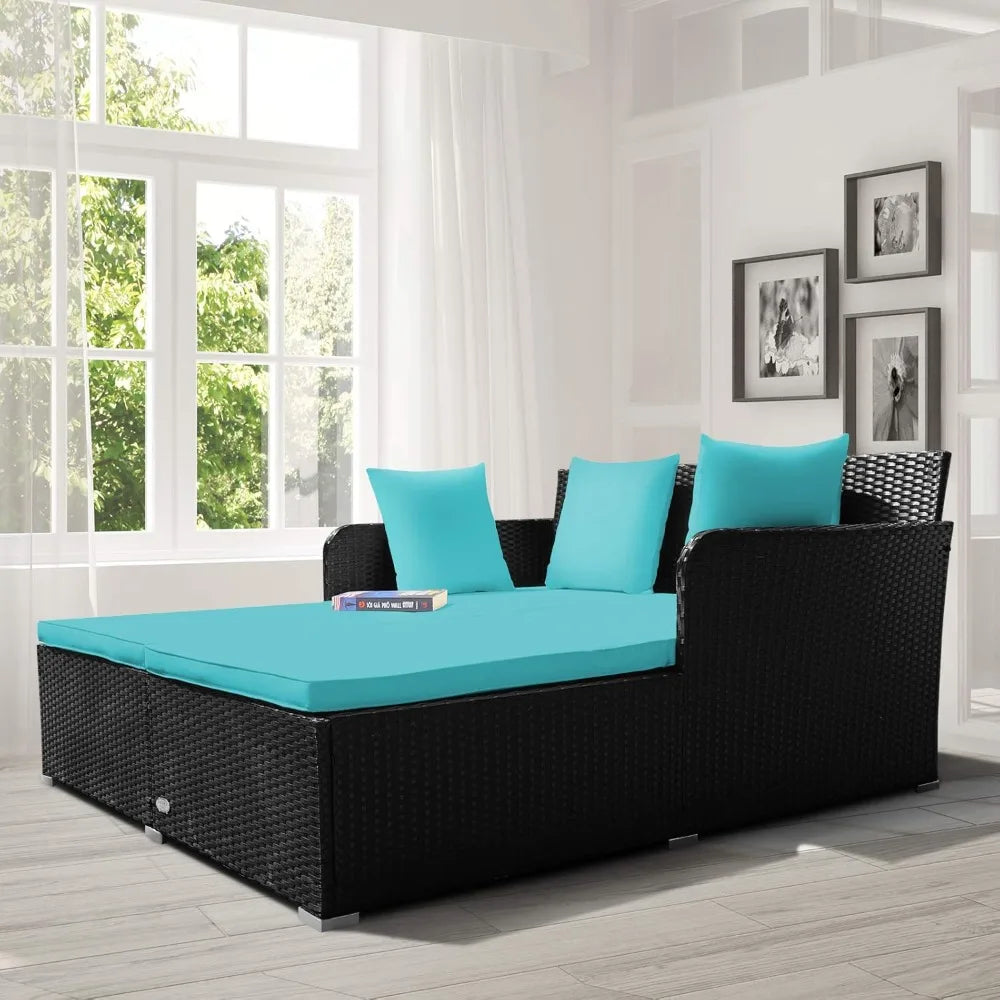 Outdoor Rattan Daybed, Sunbed Wicker Furniture w/Spacious Seat, Upholstered Cushion & High-Resilience Sponge, Wicker Patio Sofa