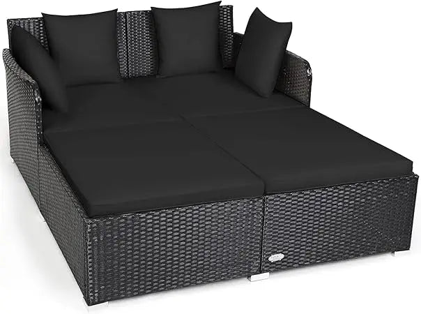 Outdoor Rattan Daybed, Sunbed Wicker Furniture w/Spacious Seat, Upholstered Cushion & High-Resilience Sponge, Wicker Patio Sofa