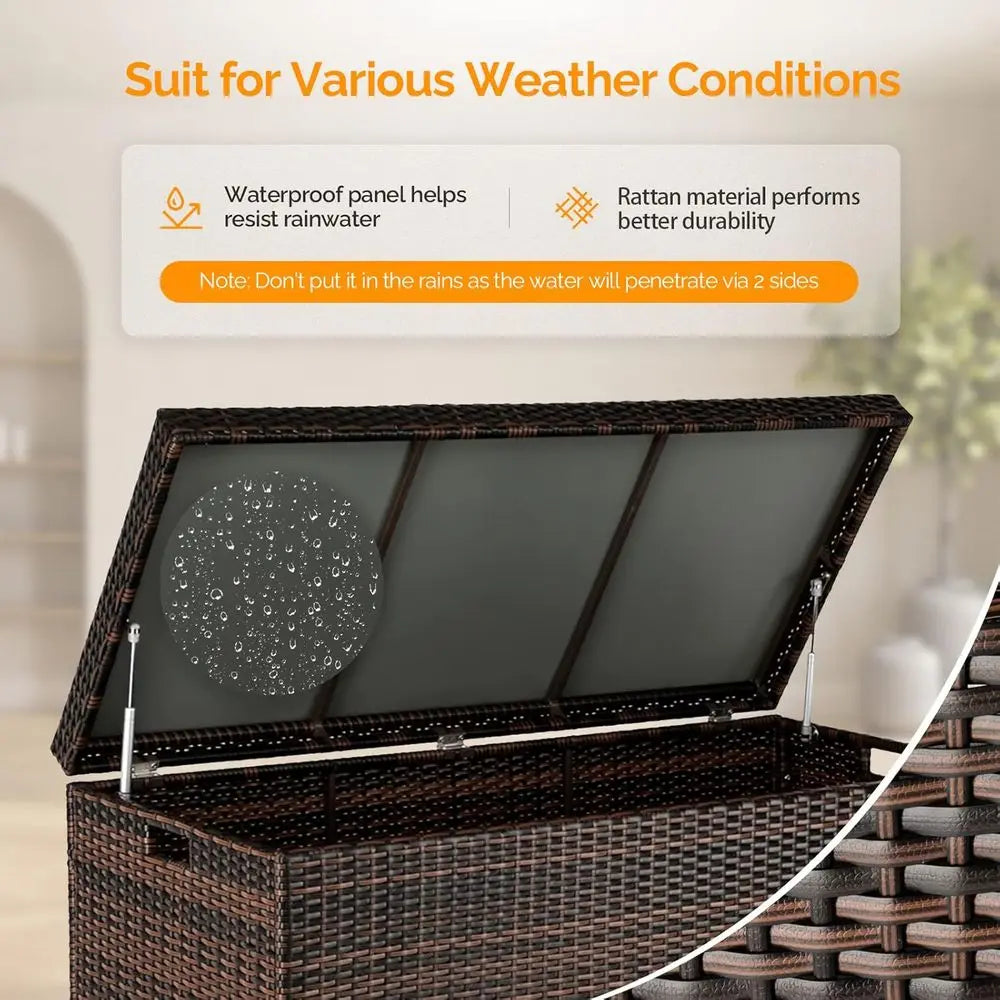 132 Gallon Wicker Storage Box - Patio Rattan Deck Bench for Outdoor, Indoor, Pool, Balcony, Yard, Garden - Brown