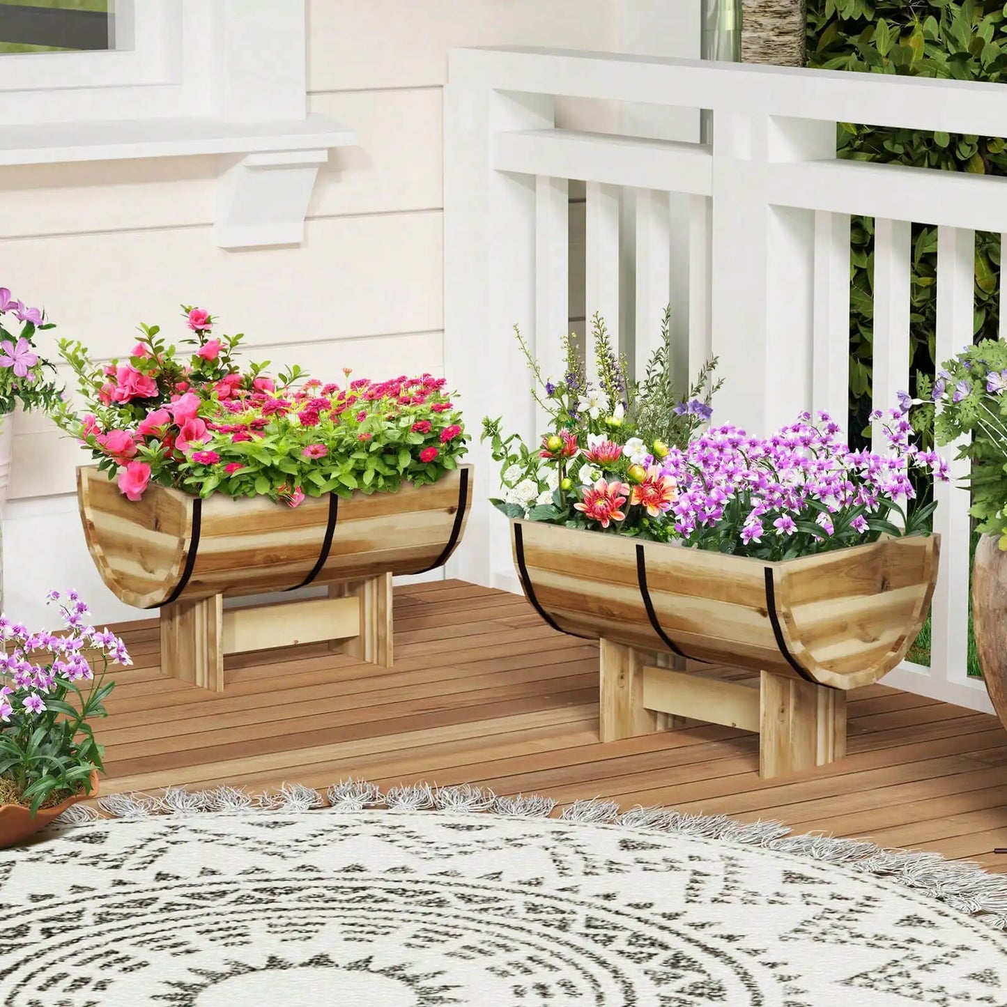 Outdoor Wooden Planter Solid Acacia Wood Half-Barrel Planter Box With Legs