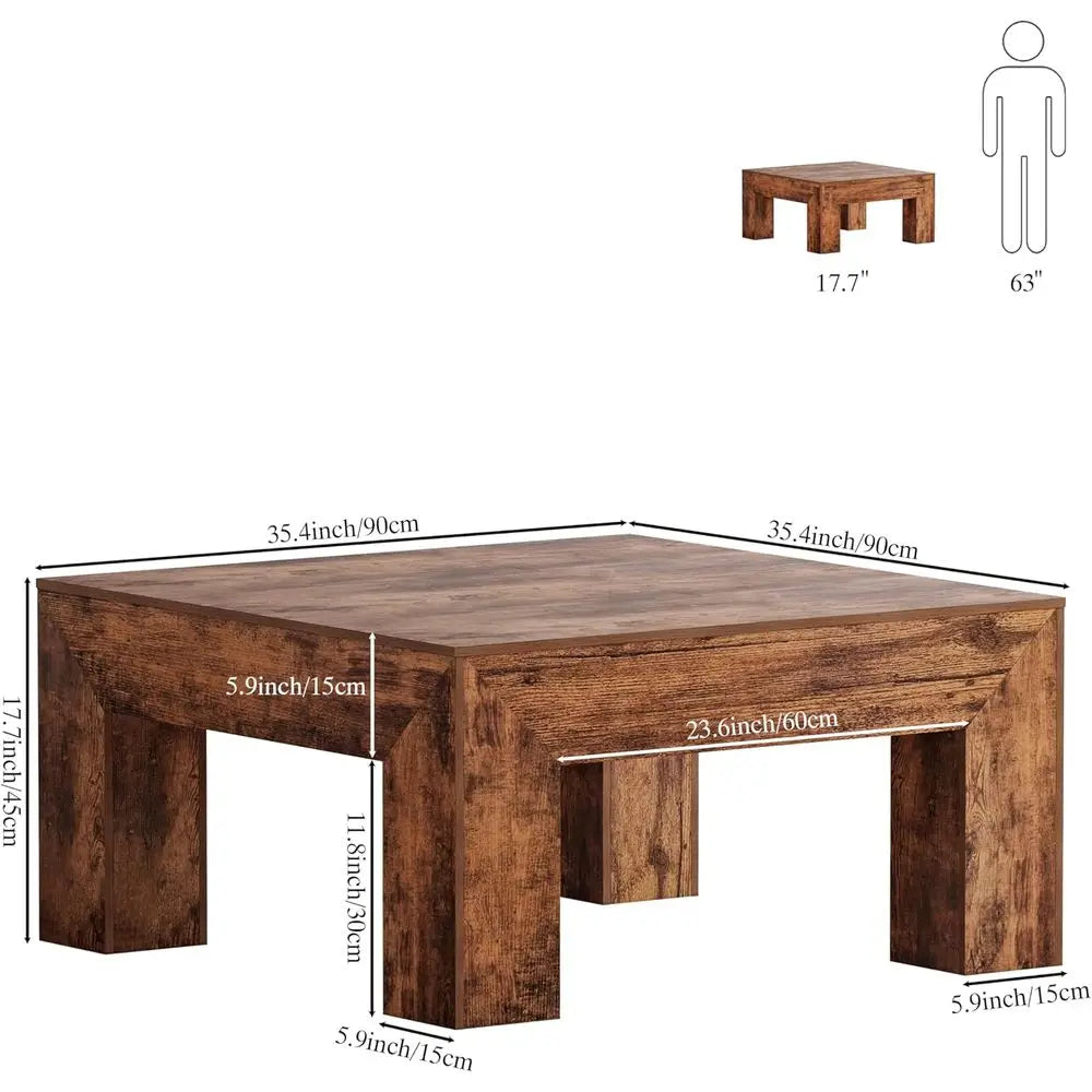 Wooden Square Coee Table,35.5 inch armhouse Low Cocktail with Thick Base or Living Room (Rustic Brown)