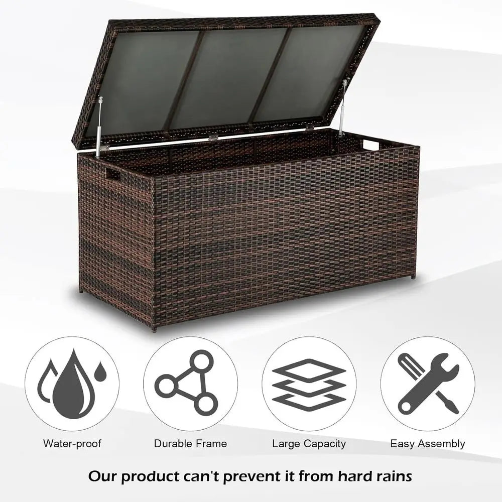 132 Gallon Wicker Storage Box - Patio Rattan Deck Bench for Outdoor, Indoor, Pool, Balcony, Yard, Garden - Brown