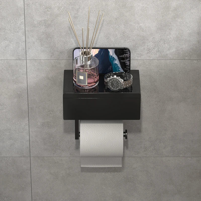 Black wall mounted toilet paper holder with shelf, no drilling required, drawer style tissue box, essential bathroom organizer