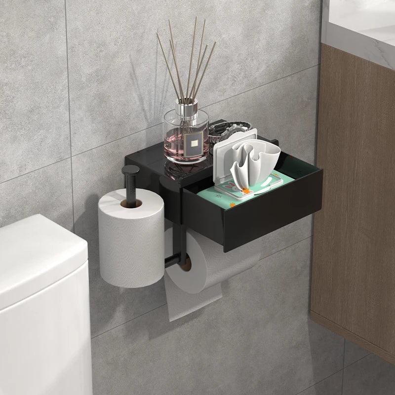 Black wall mounted toilet paper holder with shelf, no drilling required, drawer style tissue box, essential bathroom organizer