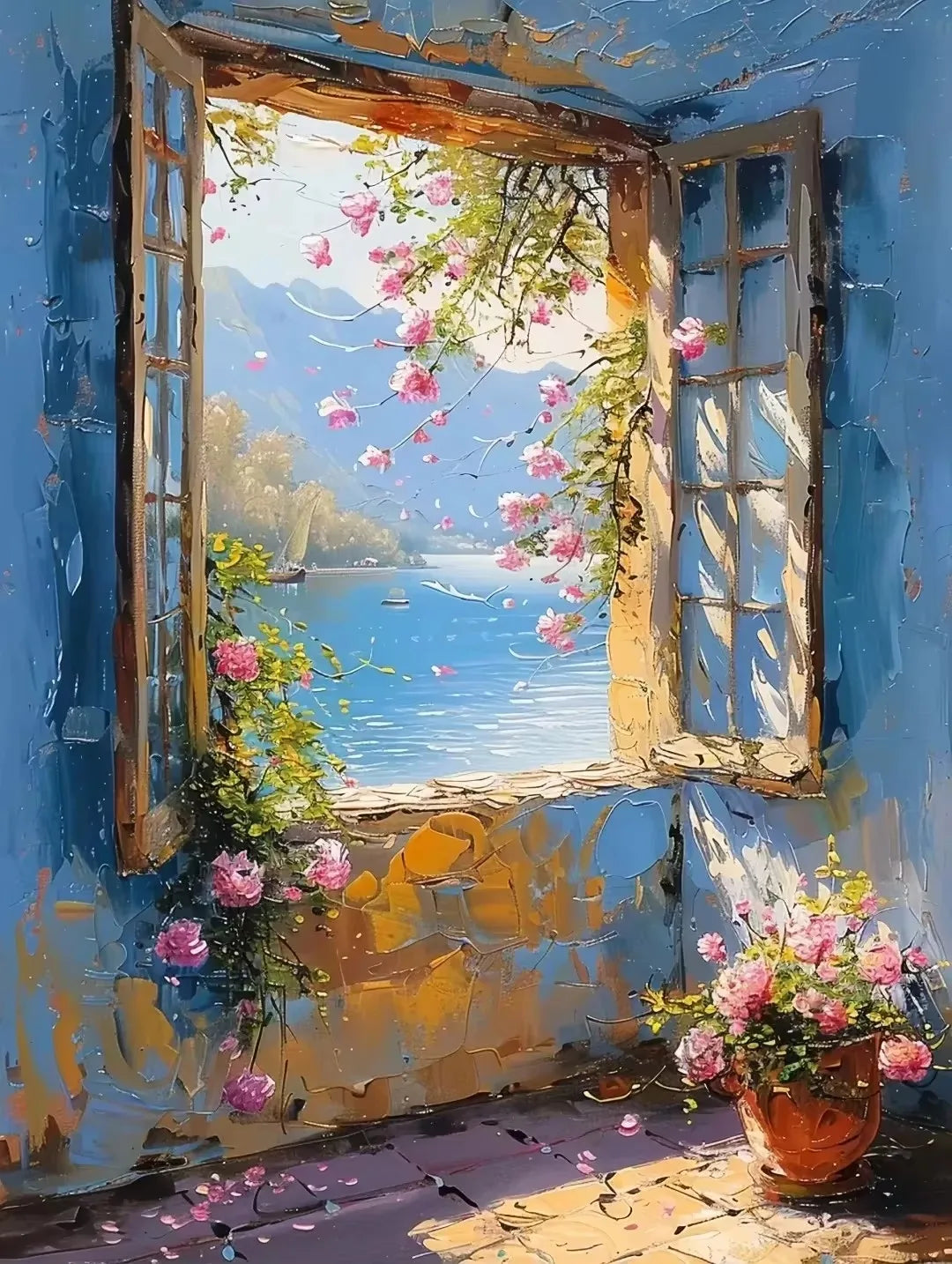 Abstract Colorful Graffiti Town Window Landscape Canvas Painting Modern Art Sea View Aesthetic Posters Prints Living Room Decor
