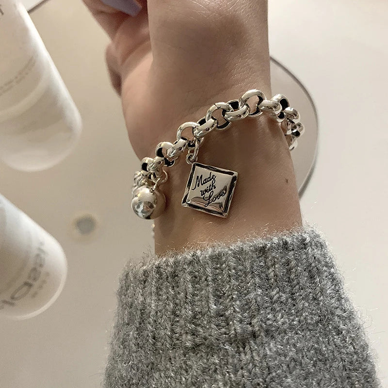 925 Sterling Silver Bracelet Geometric Cube Circle Punk Asymmetric Beaded For Woman Girl Fashion Jewelry Gift Dropship Wholesale