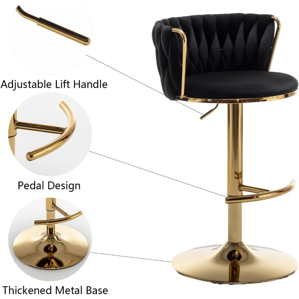 Gold Velvet Bar Stools Set of 4, Swivel Counter Height Bar Stools with Back, Adjustable Woven Barstools for Kitchen Island, Pub