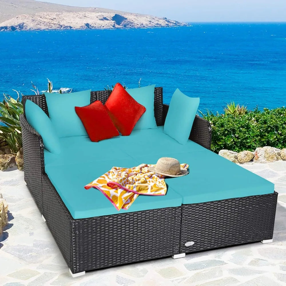 Outdoor Rattan Daybed, Sunbed Wicker Furniture w/Spacious Seat, Upholstered Cushion & High-Resilience Sponge, Wicker Patio Sofa