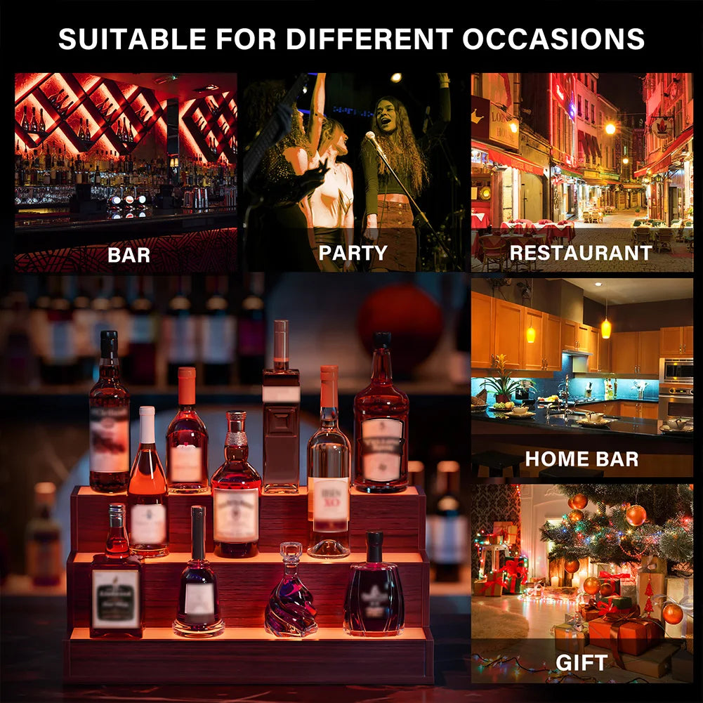 LED Lighted Liquor Shelves Wooden Bottle Display Shelf with App Remote Control For Home Bar Pub Restaurants Party Supplies