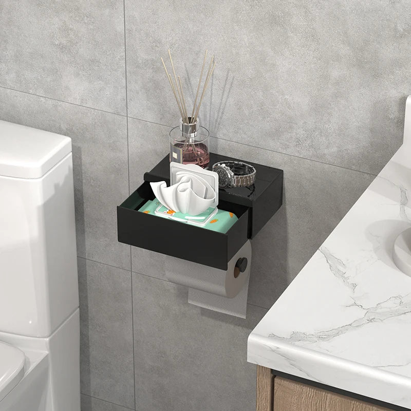 Black wall mounted toilet paper holder with shelf, no drilling required, drawer style tissue box, essential bathroom organizer
