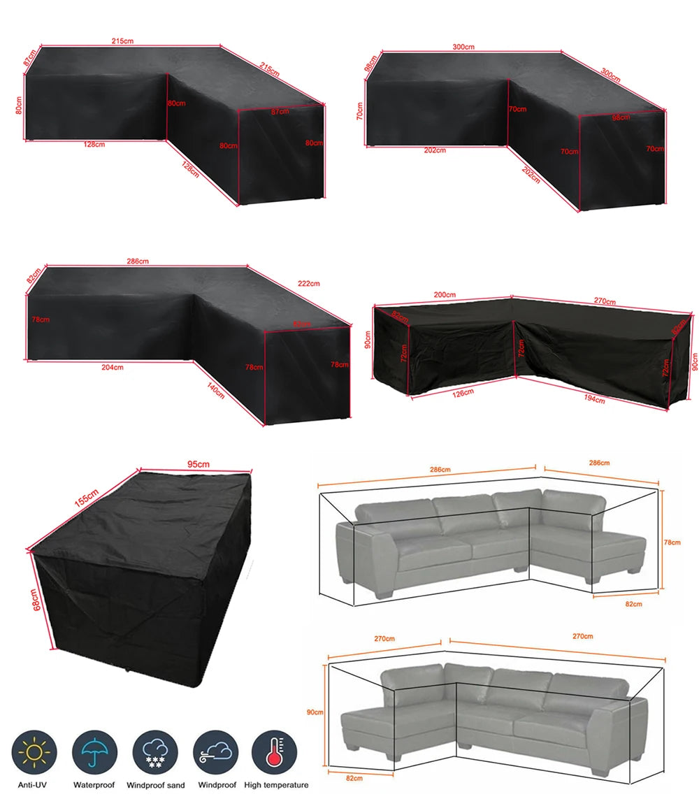 L Shape Furniture Waterproof  Cover Outdoor Garden Patio Rattan Sofa Dustproof V Shaped Mold Resistant Cover black，10 sizes.