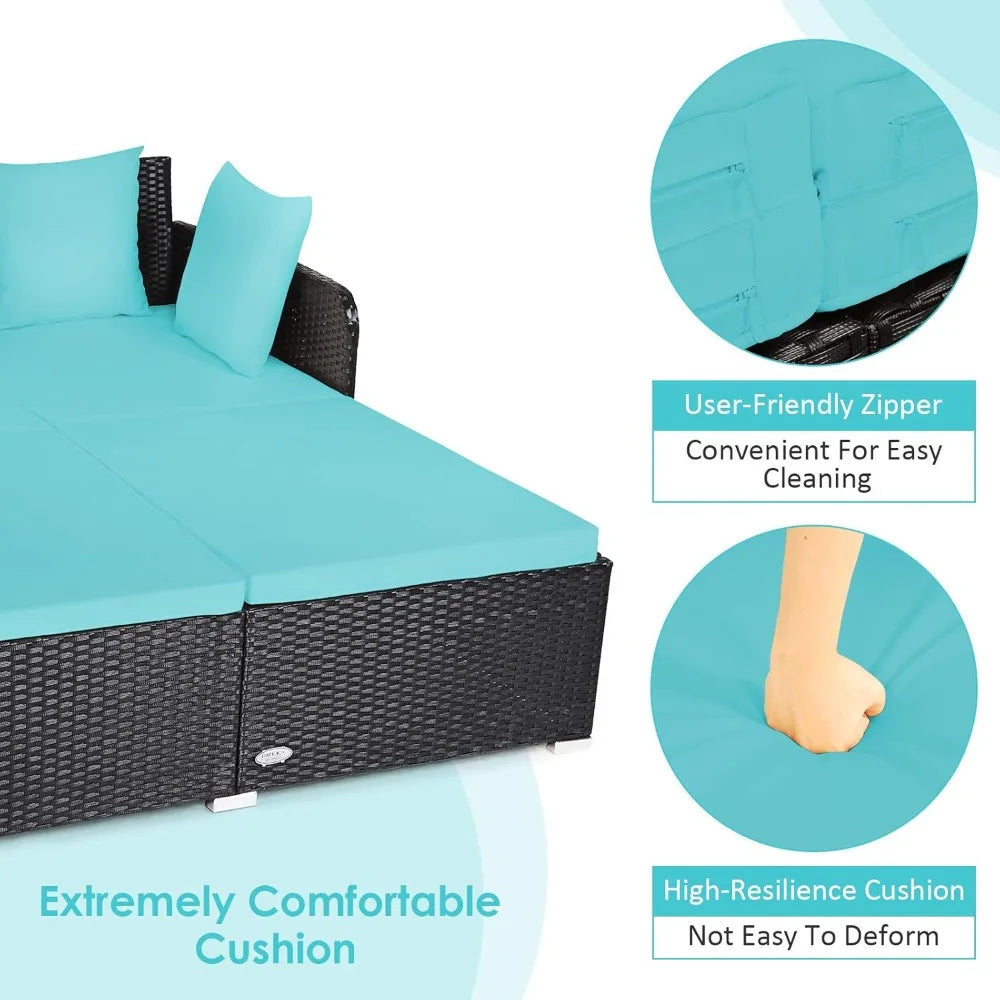 Outdoor Rattan Daybed, Sunbed Wicker Furniture w/Spacious Seat, Upholstered Cushion & High-Resilience Sponge, Wicker Patio Sofa