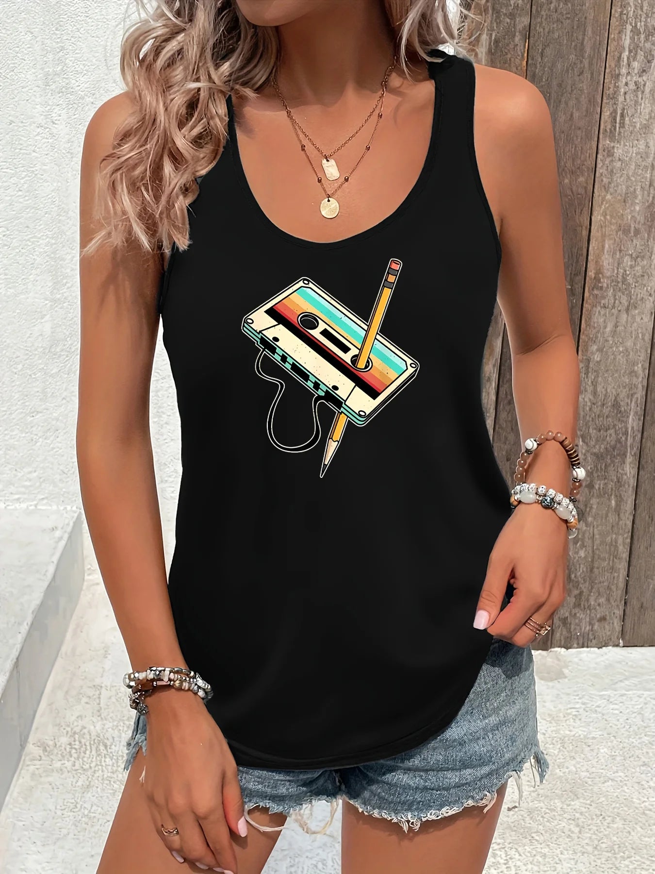printed Summer women's loose and personalized dream catcher mesh printed vest top T-shirt comfortable sleeveless
