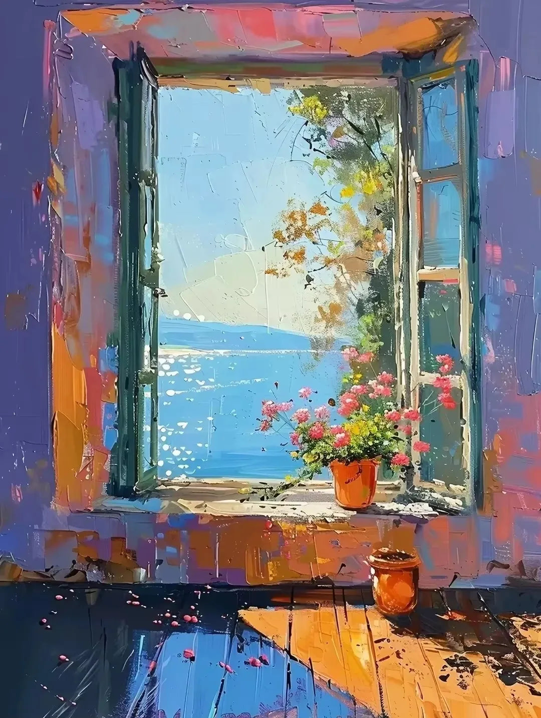 Abstract Colorful Graffiti Town Window Landscape Canvas Painting Modern Art Sea View Aesthetic Posters Prints Living Room Decor